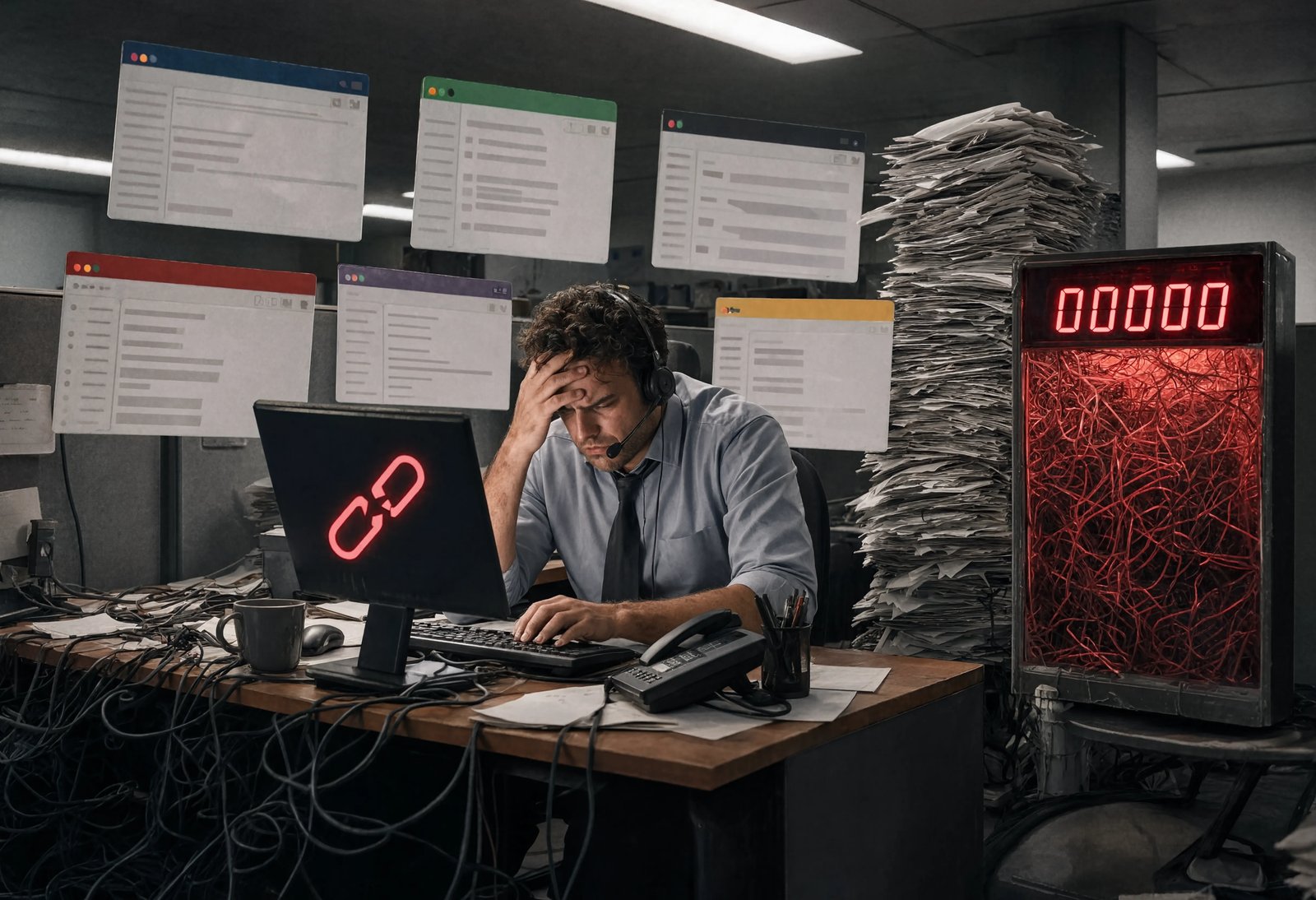 Overwhelmed support agent working with a legacy ticketing system.