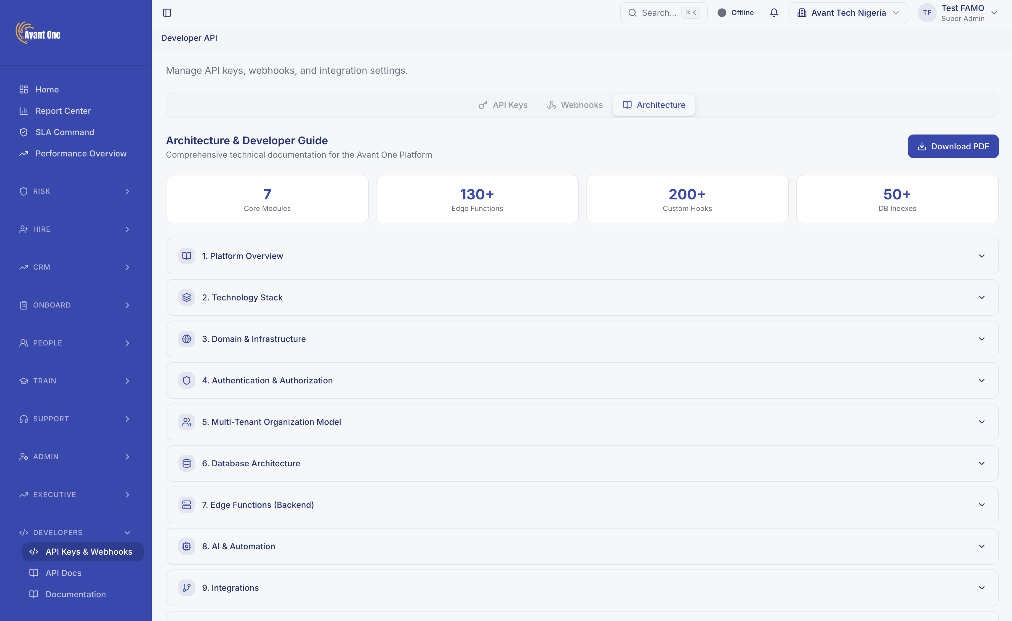 Technical architecture screenshot showing an AI CX platform integrating via API between core systems of record and customer channels.