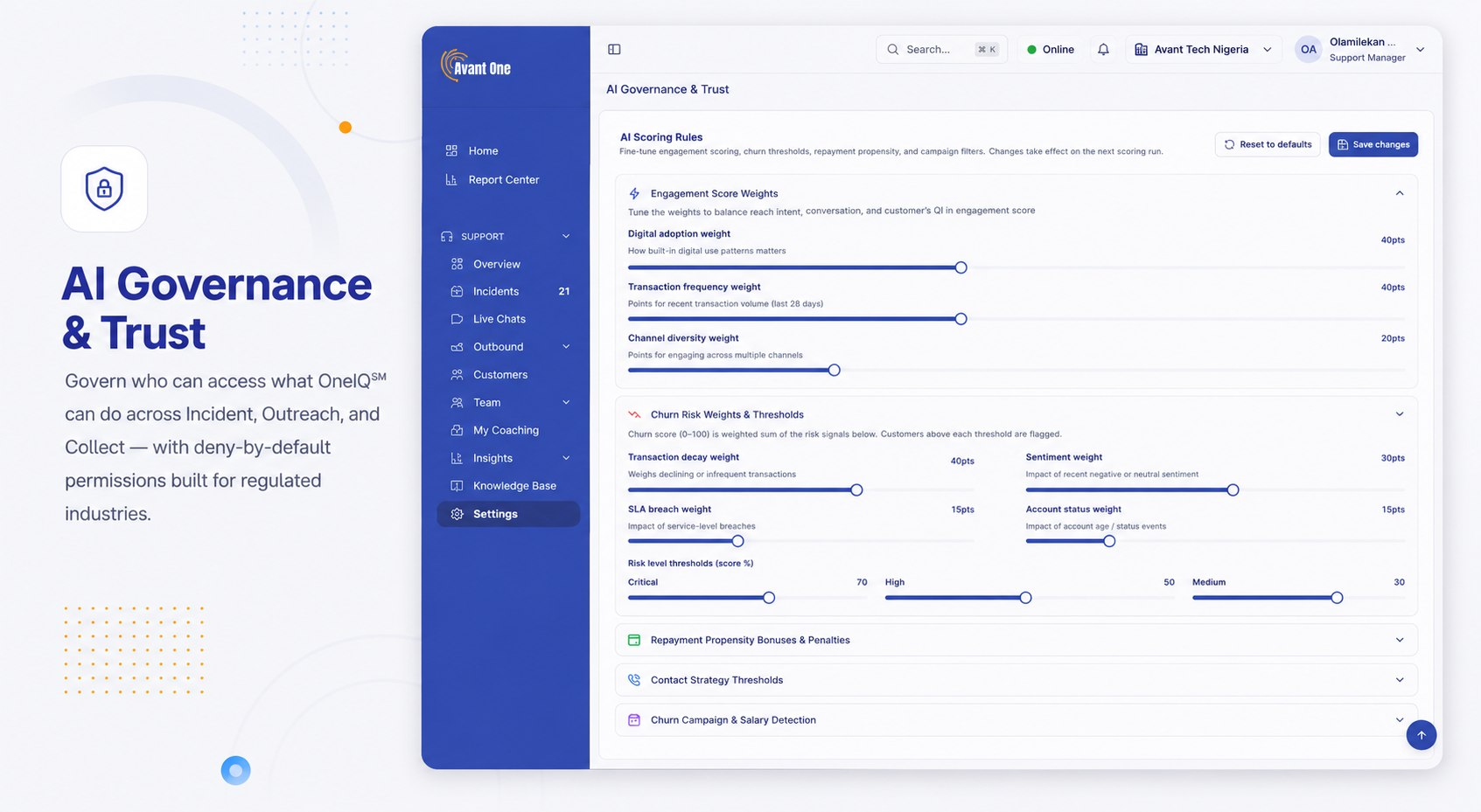 Avant One AI governance and permissions for customer operations