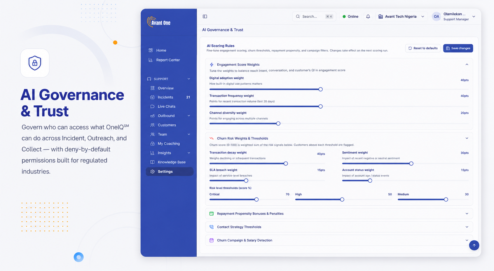 Avant One AI governance and permissions for customer operations