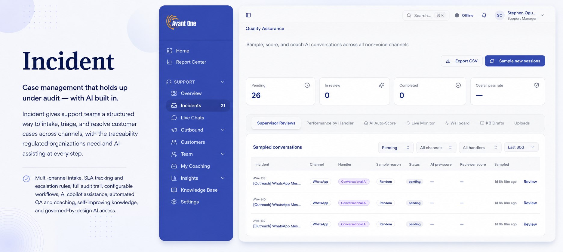 Incident customer case management, agent copilot and QA dashboard